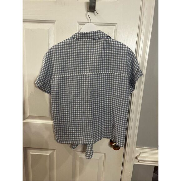 BeachLunchLounge Blue Gingham Linen Blend Button Down Tie Front Shirt sz M EUC - Picture 6 of 7